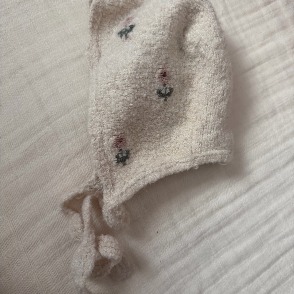 Zara Cream Knit Baby Bonnet with Floral Accents